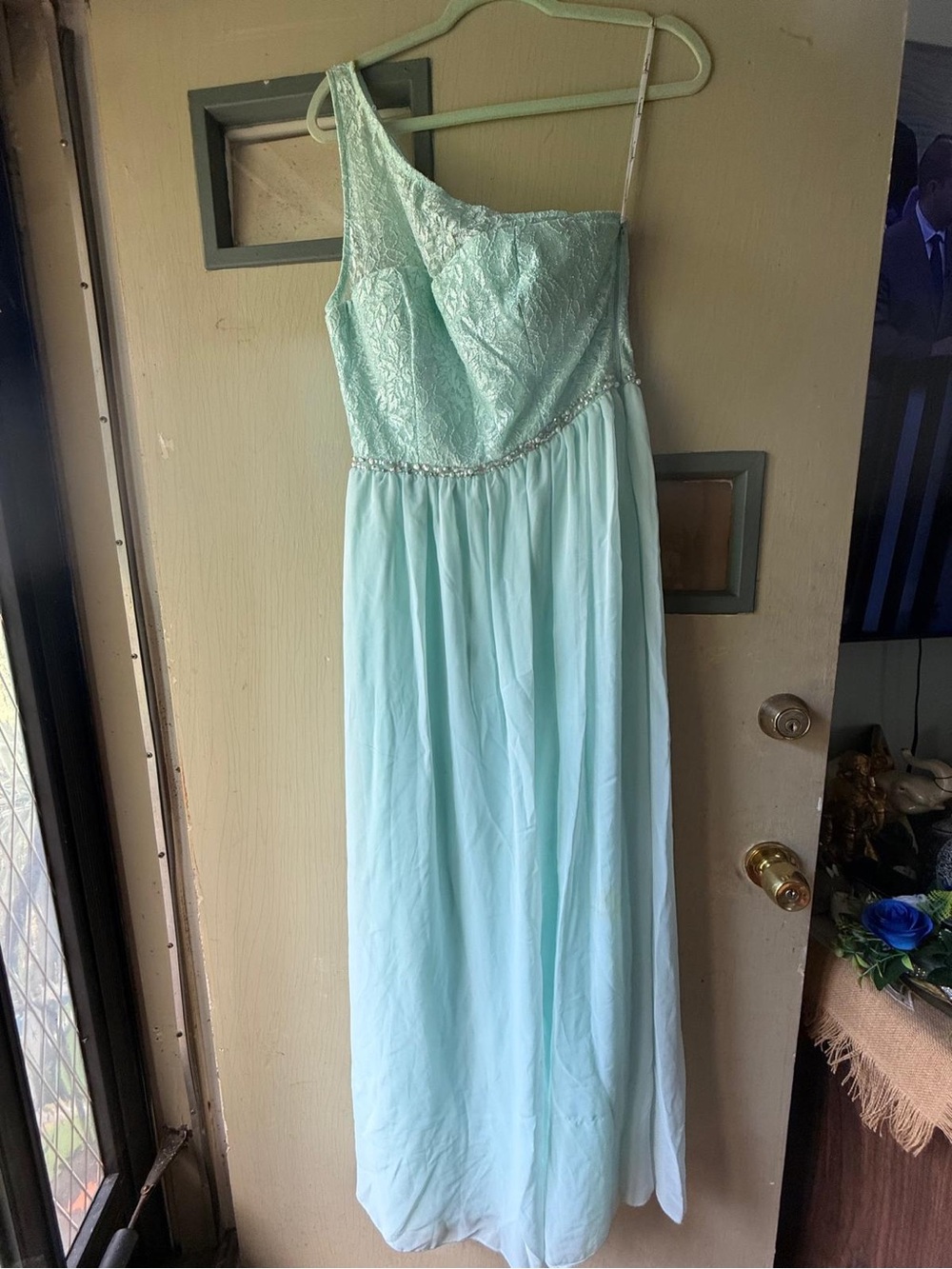 Speechless One-Shoulder Mint Lace & Chiffon Gown